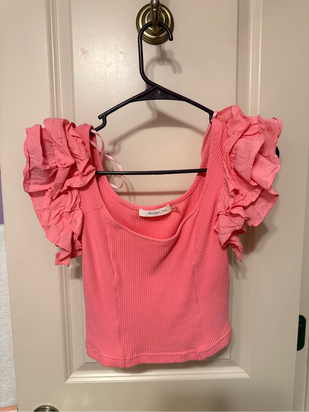 Mustard Seed Pink Ruffled Ribbed Crop Top